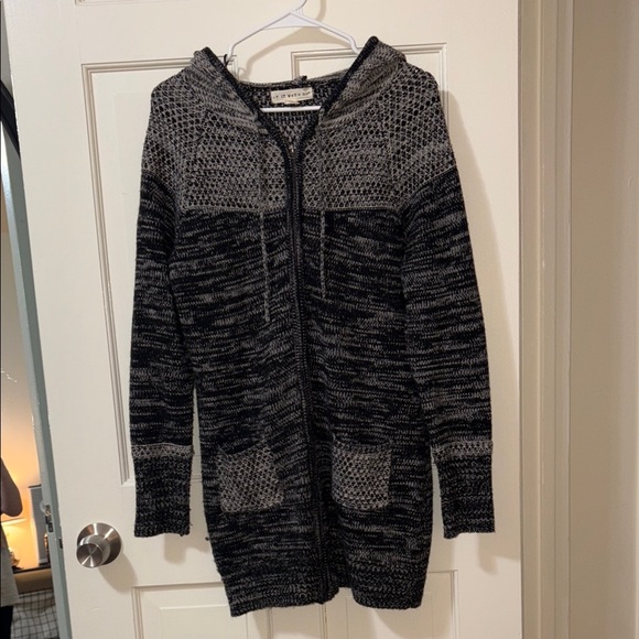 if it were me Jackets & Blazers - Long Knit Hooded Zip Sweater Cardigan - Black and Gray
